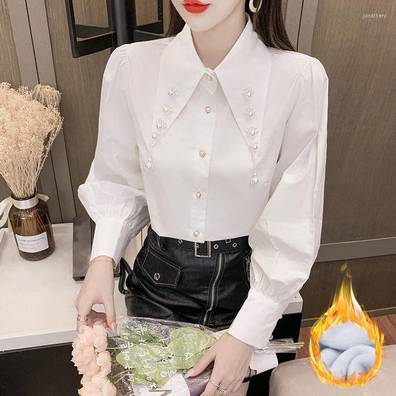 

Women' Blouses Women Shirt Blouse 2023autumn And Winter Pointed Collar White Women' Bubble Long Sleeve Top Blusas Mujer