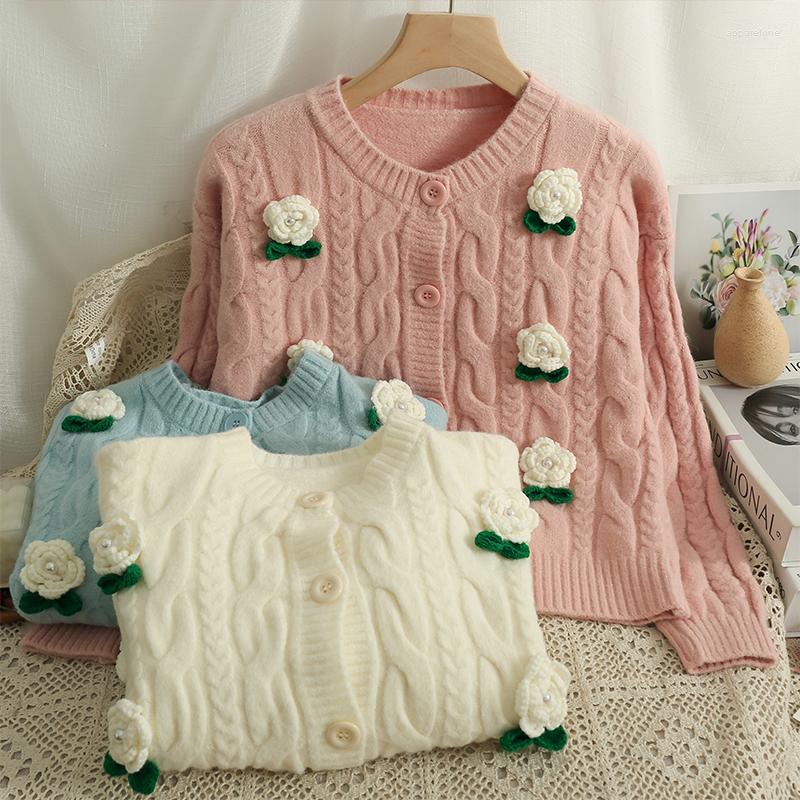 

Women's Knits Sweater Women 2023 Fashion Temperament O-neck Long Sleeve Single Breasting Cardigan Stereoscopic Flower Autumn Knitting Coat