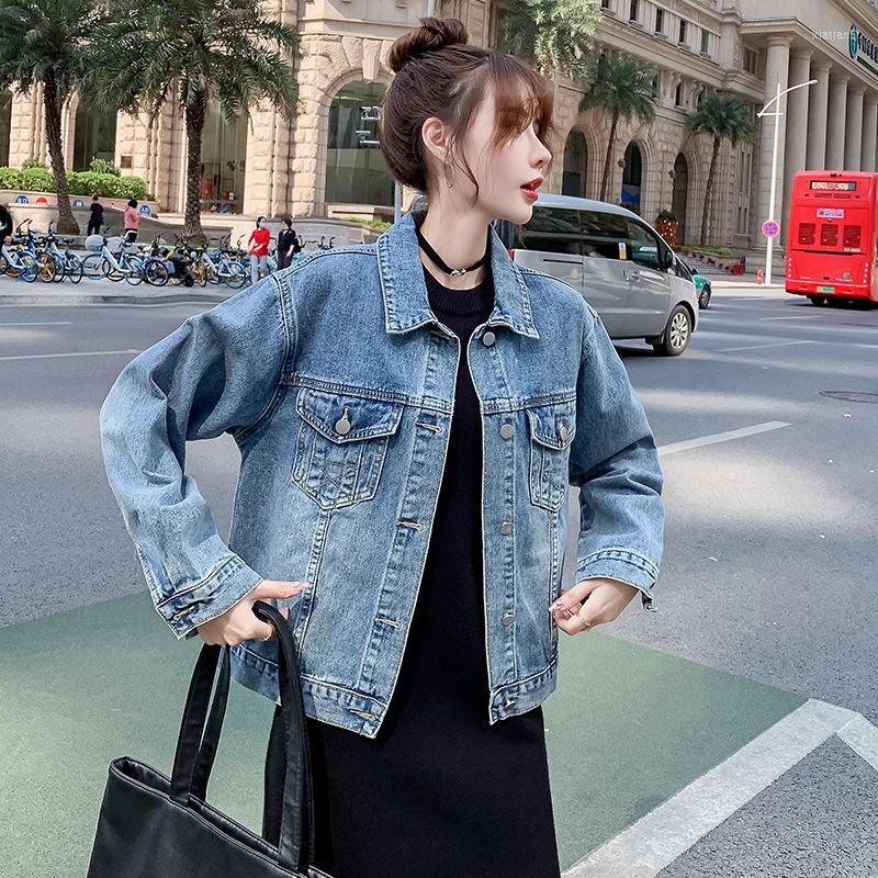 

Women's Jackets YYCZF Women SP & AU Denim Turn-down Collar Casual Fat Sister Sequin Embroidery Fashion Loose Jean Coat Female Outwear, Blue