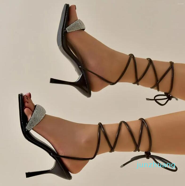 

Dress Shoes Summer Black Woman Ankle Strap Sandals Leather Cross-Tied High Heels Sexy Lace Up Party Pumps Shoe Plus Size 36-43 951