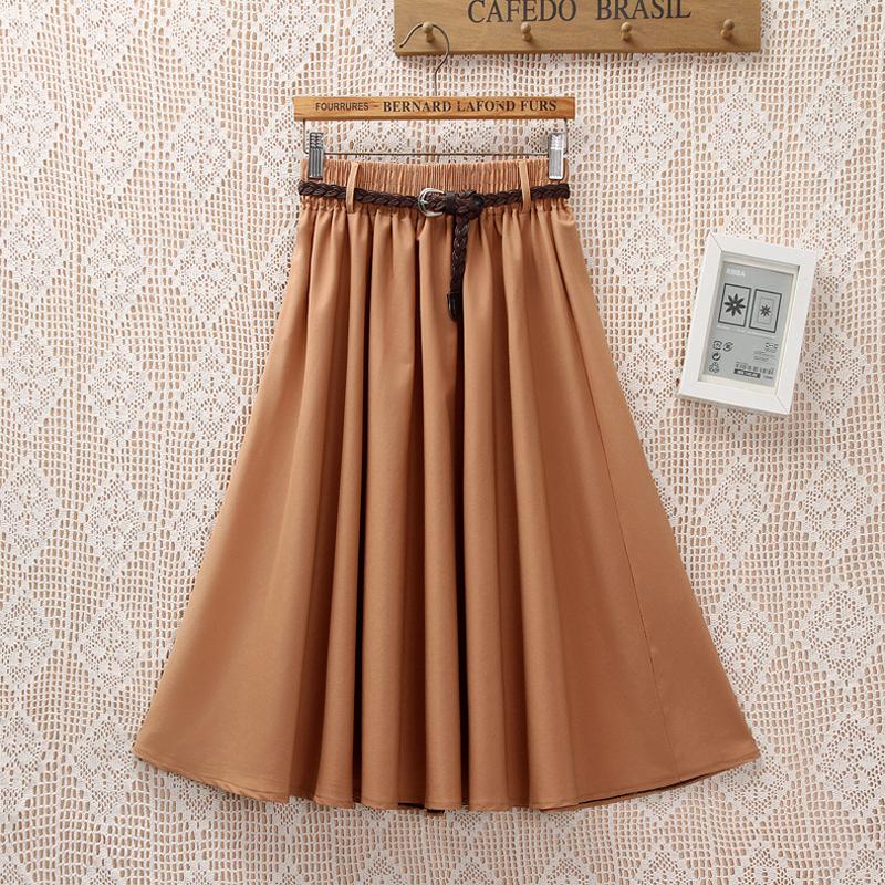 

Skirts Solid Color Women Pleated Retro High Waist Elastic Swing A-Line Classic Female Mid-Calf With Belt, Black