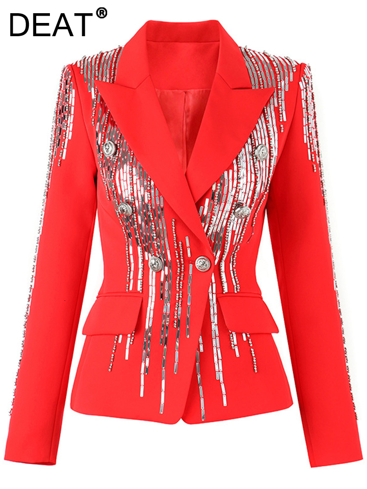 

Women' Suits Blazers DEAT 2023 Autumn Blazer Notched Slim Sequins Rivet Double Breasted Long Sleeve Red Suit jackets Female 7YZ8501 230203