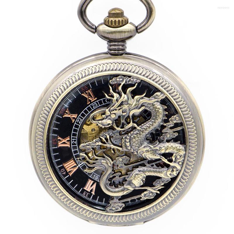 

Pocket Watches Retro Hollow Bronze Dragon Mechanical Watch Chinese Lucky Symbol Roman Skeleton Black Dial Unisex With Fob Chain PJX1352, No box