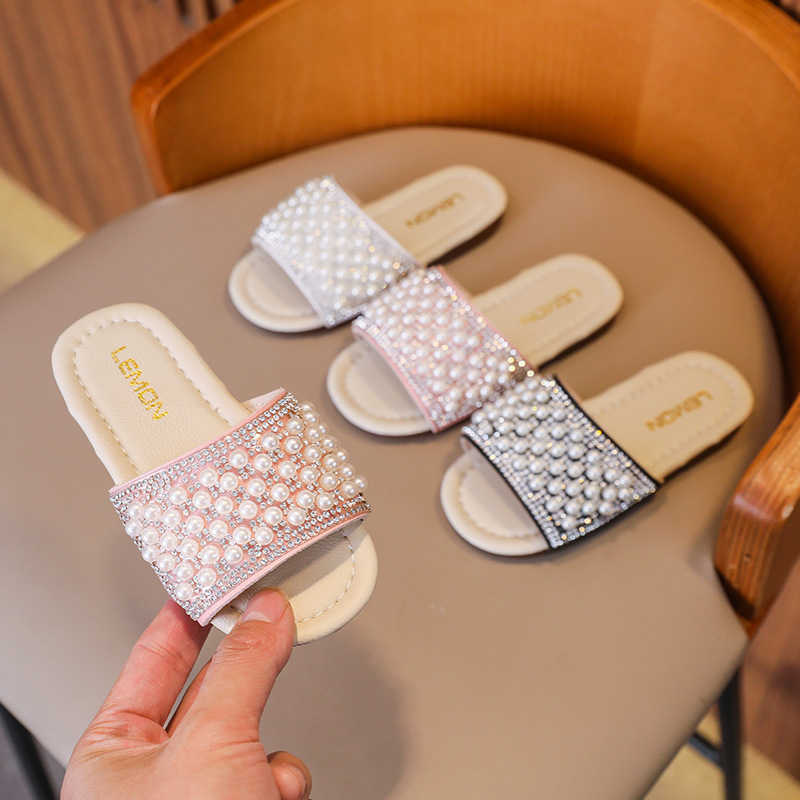 

Slipper Summer Pearl Children for Girls 2022 Princess Shoes Non-slip Soft Bottom Indoor Slides Lovely Slippers Fashion 0203, Beige