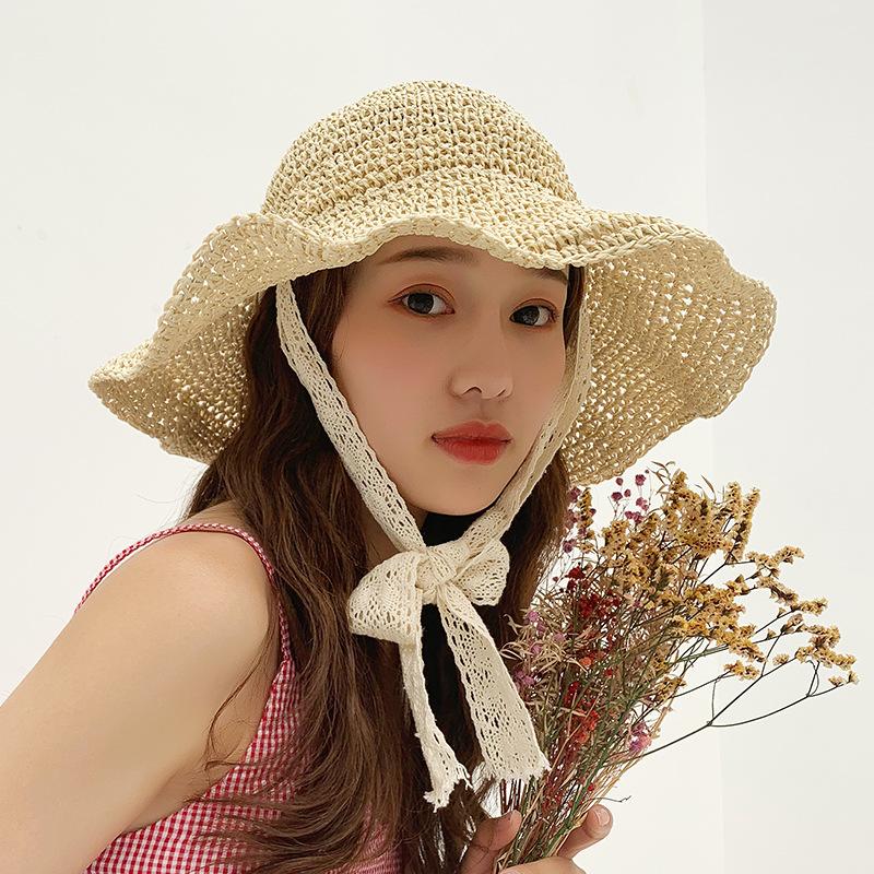 

Wide Brim Hats Fashion Ladies Hat Small Fresh Raffia Straw Summer Bow Holiday Beach Big Edge Folding Sun Tide, White