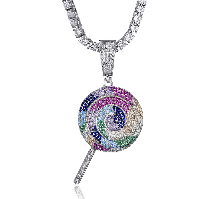 

Pendant Necklaces Iced Out Rainbow Lollipop Necklace & With Tennis Chain Gold Color Cubic Zircon Men Hip Hop Jewelry Charm Gift Kid Wome