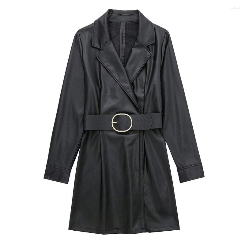 

Casual Dresses Autumn And Winter Fashion Women's Street Black Lapel Long Sleeve Belt Imitation Leather Suit Jacket Dress