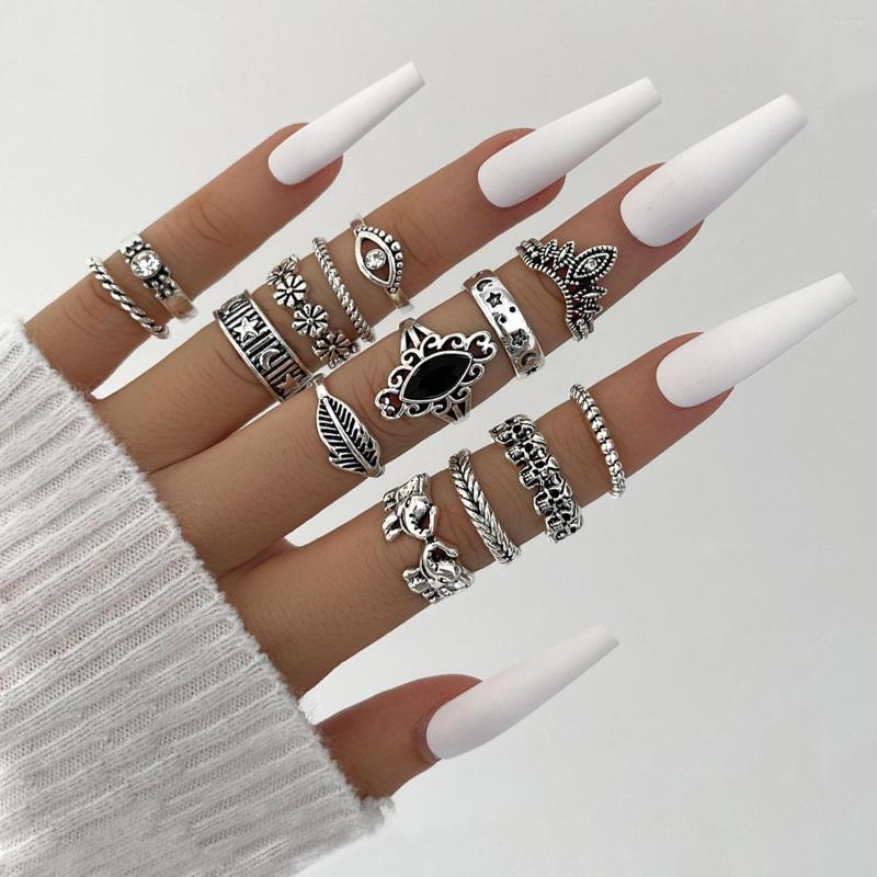 

Wedding Rings Personality Retro Black Crystal Elephant Flower Joint Ring Sets Silver Color Carved Knuckle Finger For Women