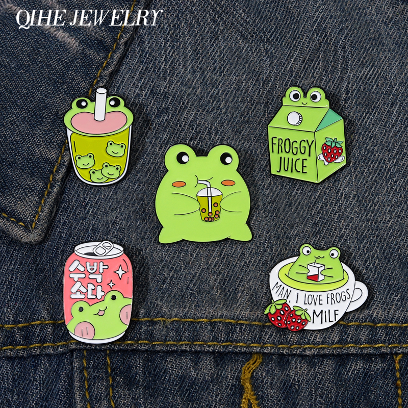 

Frog Brooch Enamel Pin Froggy Juice Drink Badge Animal I Love Frog Lapel Clothes Backpack Hat Accessories Custom Jewelry Gift