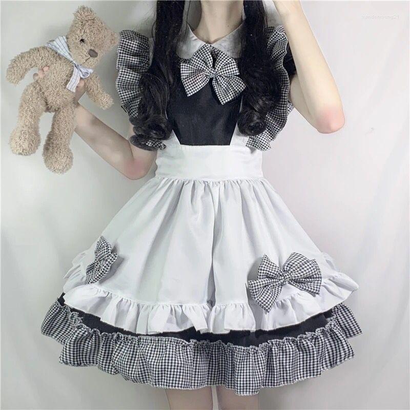 

Party Dresses Coolfel Kawaii Lolita Maid Dress Women Cute Bow Apron Cosplay Uniform Japanese Style Sexy Outfit Christmas Gift, As the picture show