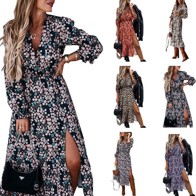 

Casual Dresses 2023 Sexy Print V-neck Button Slit Long Dress Fashion Drop, Blue