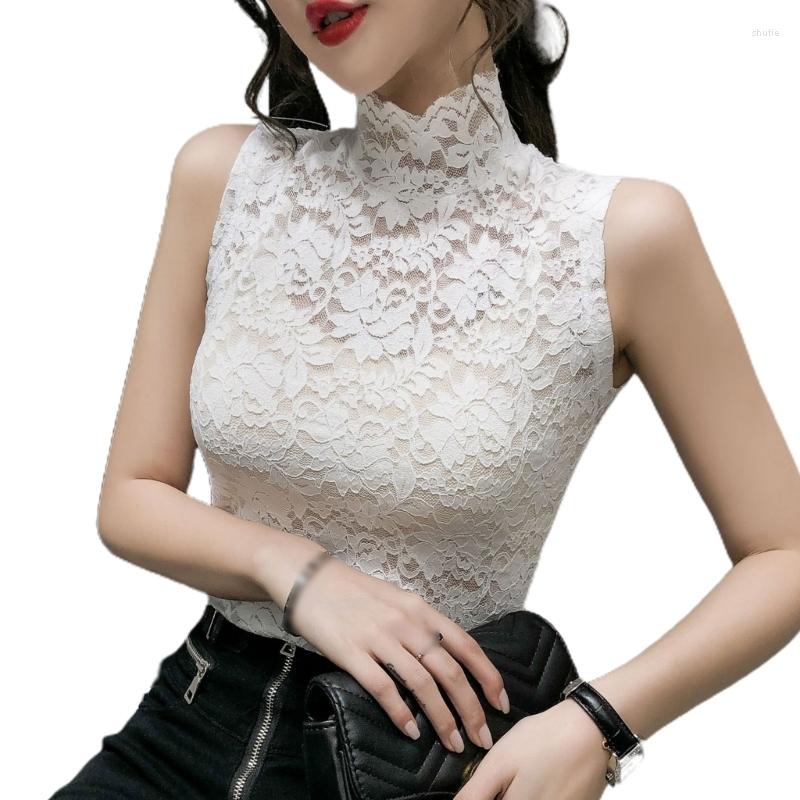 

Women's Tanks Women Lace Hollow Half High Neck Solid Slim T-shirt Ladies Summer Autumn Elegant Temperament Basic Top Bottoming Shirt, Beige