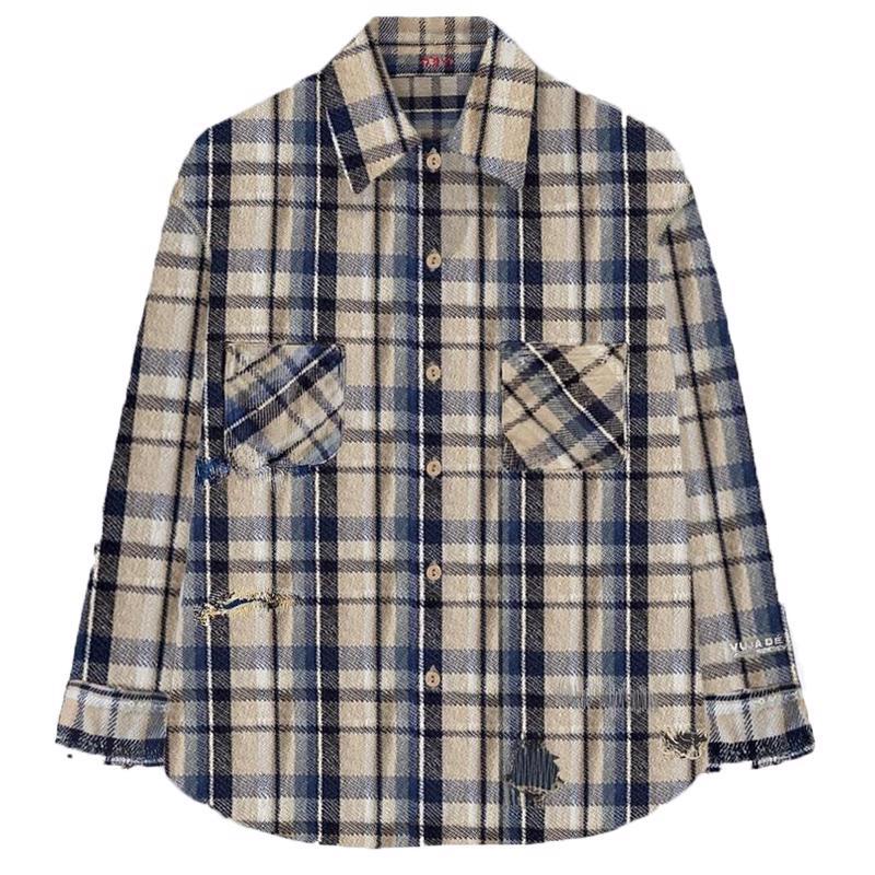 

Men Shirts Women Plaid Flannel Casual Retro Long Sleeve Shirt Coat Cotton with Holes, Blue