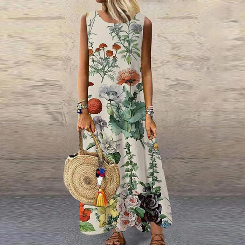 

Casual Dresses Vintage Floral Printed Women Sleeveless Sundress Summer Loose Beach Long Dress Ladies Bohemia Maxi Party Vestidos 230202, Style 1