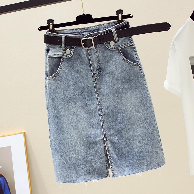 

Skirts Summer Women Skirt High Waist Front Split Denim With Pockets Simple Ladies Knee-Length Jean, Blue