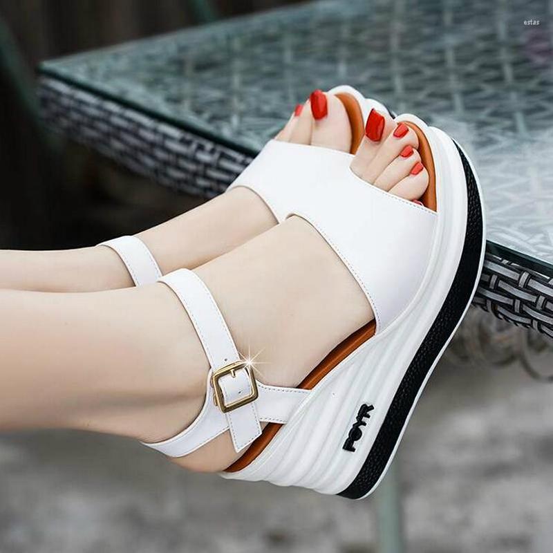 

Sandals High Quality Summer Shoes Woman Leather Heel Wedge Female Sponge Cake With Open Toe Thick Shoe W206, Black
