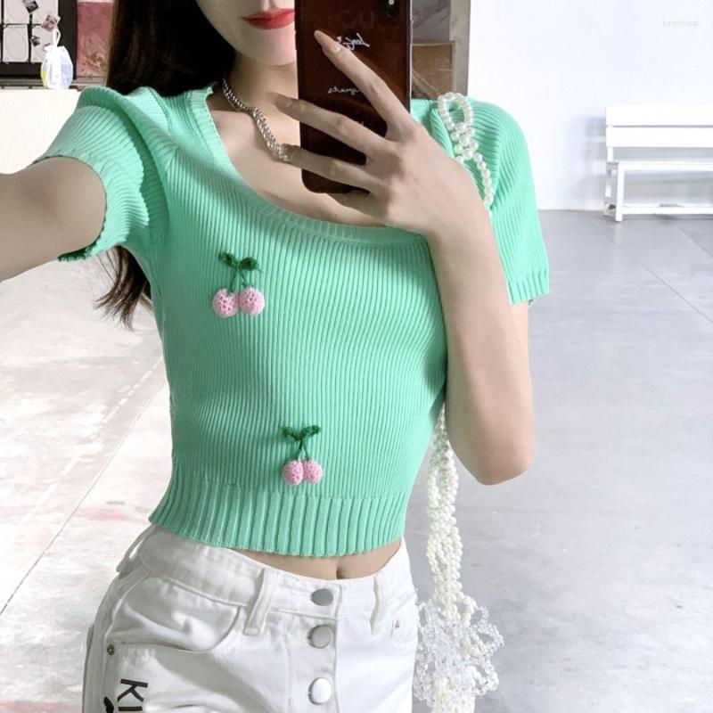 

Women's Sweaters Korean Cute Cherry Knitted T-shirt Women's Sweet Sexy Crop Top Summer Girl Short Sleeve Ice Silk Sweater Female Slim, Green