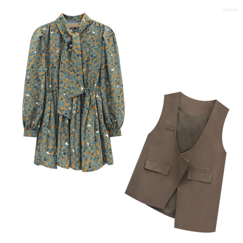 

Work Dresses 2023 Retro Print Fashion Women Dress Vest Sets Oversized Belt Vestidso Khaki 2-Piece Loose Sleeveless Outerwear KE271