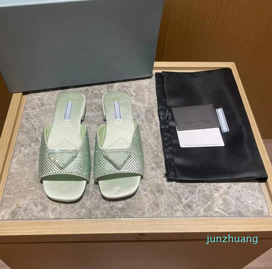 

Women Slipper Satin Slides with Crystals Sandals Flat Loafter Diamond Slipper Fashion Summer Beach Color Satin Sandwich Luxury Rubber 88