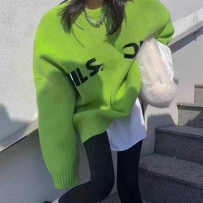 

Women's Knits Tees Tide Brand New Lazy Wind Pullover Loose Casual 100 Top Letter Knitted Crewneck Sweater Female, Aspic