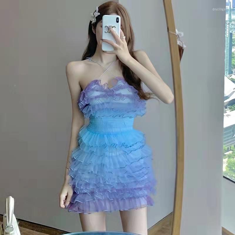 

Casual Dresses 2023 Brand Strappy-backless Off Shoulder Ruffles Gradient Color Sweet Summer Cake Dress Women Sexy Mini Party Vestidos, Blue