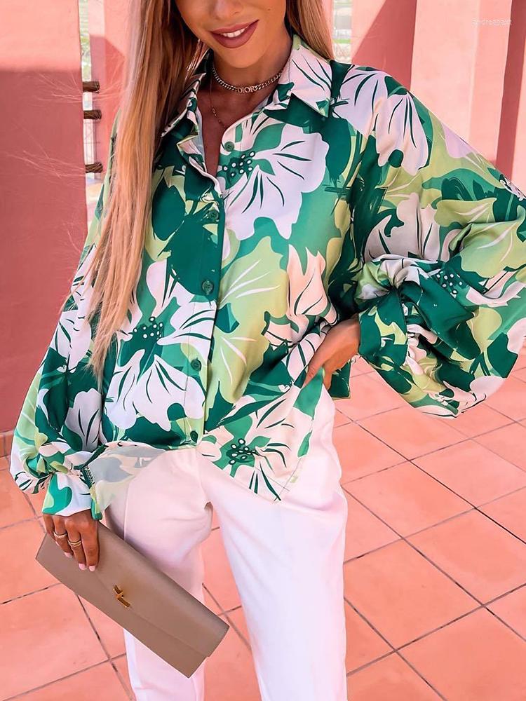 

Women' Blouses Women Casual Turn-Down Collar Buttons Shirt Tops Elegant Printing Ladies Loose Summer Long Lantern Sleeve Femme Blusas, 01 green