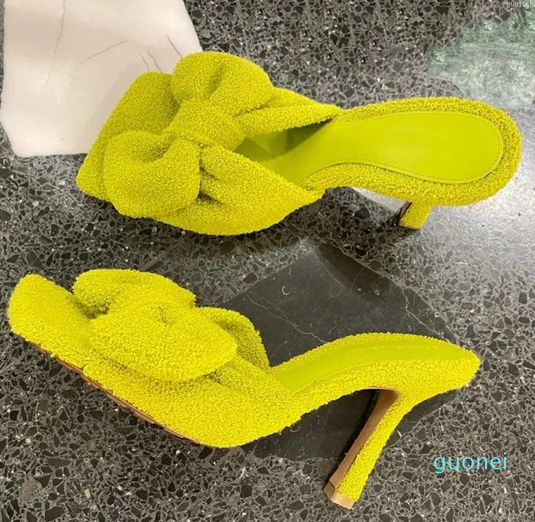 

Sandals 2023 Women's Slippers Trend Terry Cloth Outside Singular Candy Bowknot Peep-toe High-heeled Shoes For Girls, Green