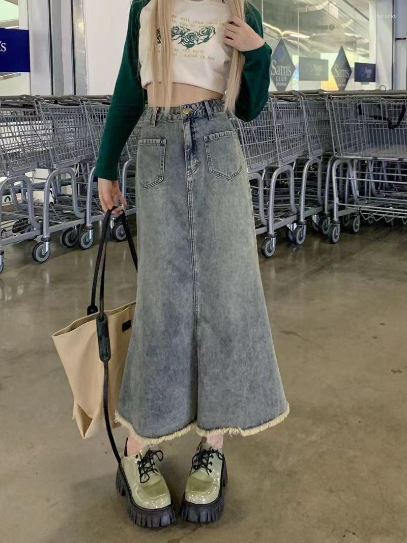 

Skirts Y2K Women Korean Fashion Loose Harajuku Retro Blue Knee Length Midi Long Skirt Grunge Jeans Washed Denim Maxi Emo Clothes