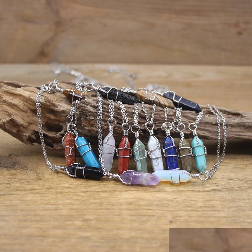 

Pendant Necklaces Natural Stone Point Wire Wrap Pendants Necklace Crystal Rose Quartz Hexagonal Pendum Chakra Healing Jewelry Dhgarden Dhtjw