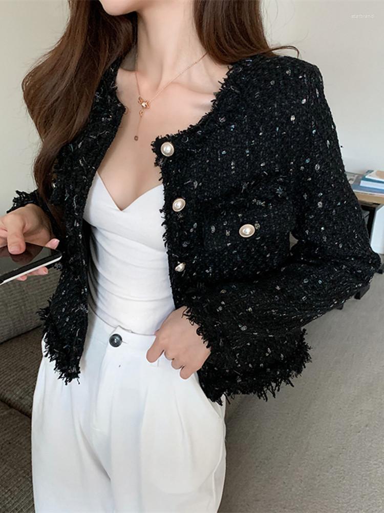 

Women's Jackets Arrival Short Tweed Coat Women O-neck Single-breasted Tassel Slim Plaid Jacket Outwear Female Fashion Temperament Tops, Black