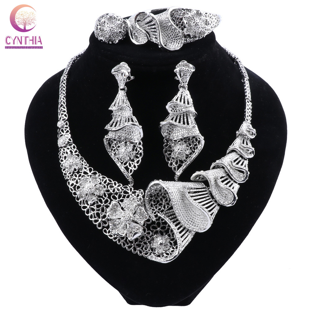 

Wedding Jewelry Sets CYNTHIA African Nigerian Bridal Dubai Silver Plated Crystal Necklace Bracelet Earrings Ring Set for Women 230203