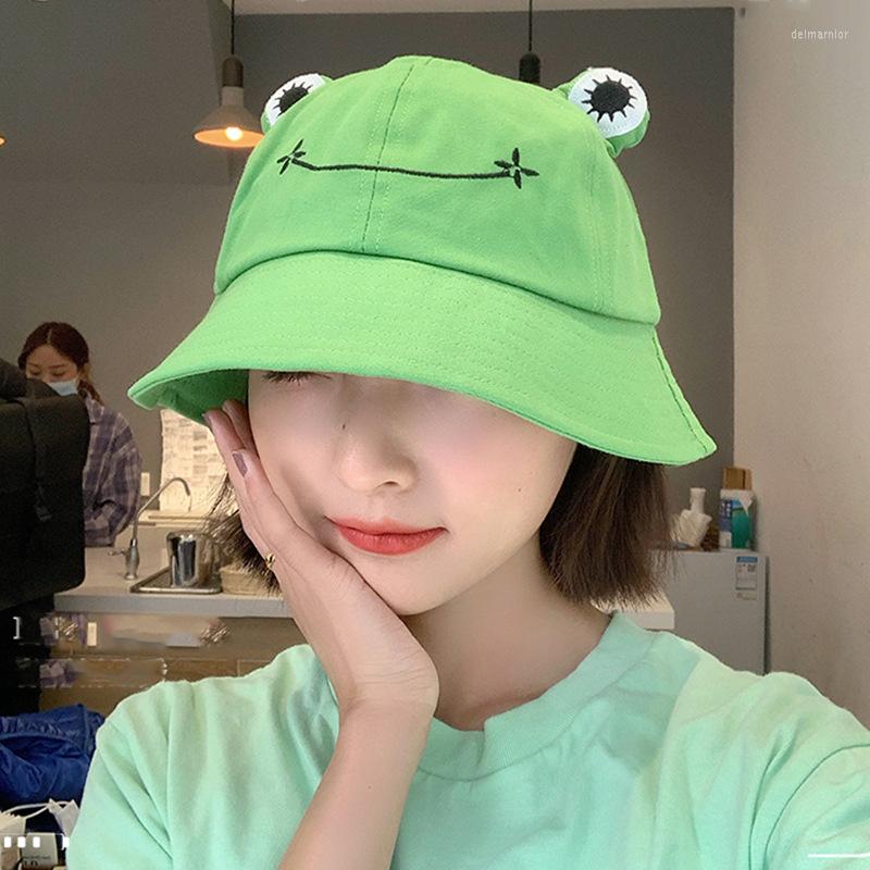 

Berets Summer Fisherman Hat Female Thin Korean Wild Green Frog Cute Cartoon Basin Embroidered Cotton Hats