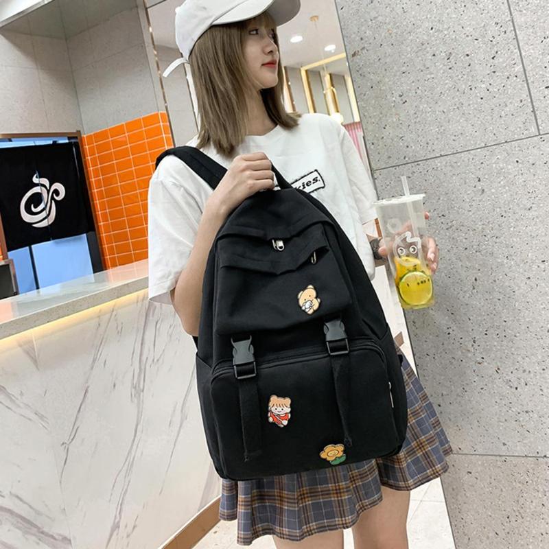 

School Bags Women Backpack Black With Badges Casual Shoulder Bag For Street Travel Mounting, Picture shown
