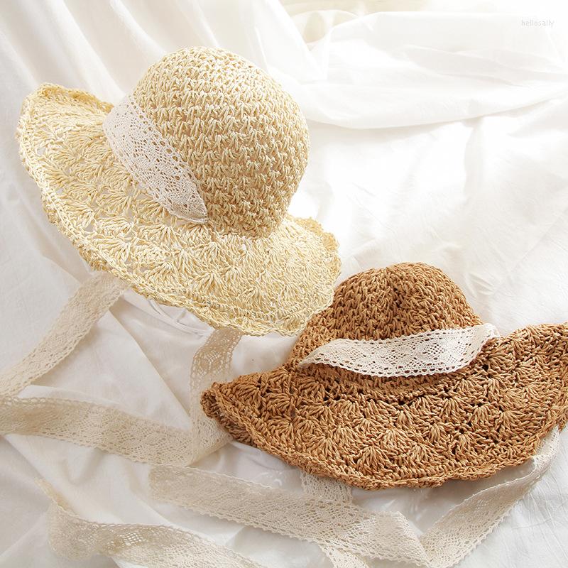

Wide Brim Hats H7453 Summer Hand-woven Straw Sun Hat Women Lace Strap Outdoor Sunshade Cap Ladies Beach Holiday Sunscreen Foldable, Styled