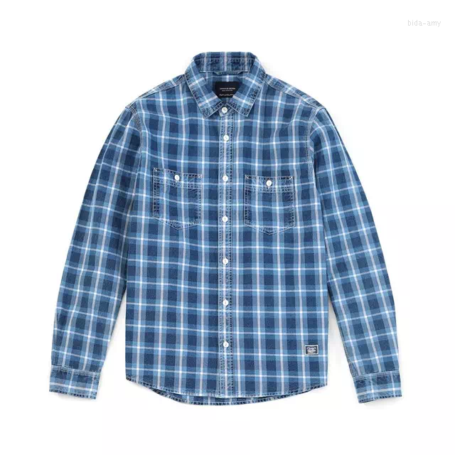 

Men' Casual Shirts 2023 Spring Indigo Plaid Men Cotton Check Plus Size Shirt High Quality Brand Clothing SJ130679, Blue white plaid