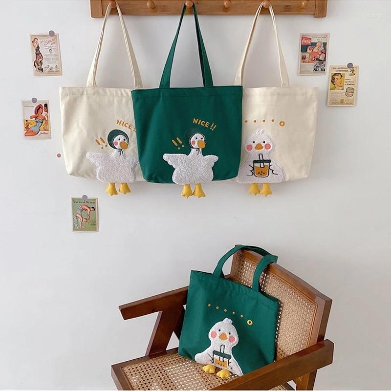 

Evening Bags Ins Duck Embroidery Canvas Tote Bag 2023 Soft Large Shoulder Work Handbag For Women And Girl Shopping, Milk tea duck green
