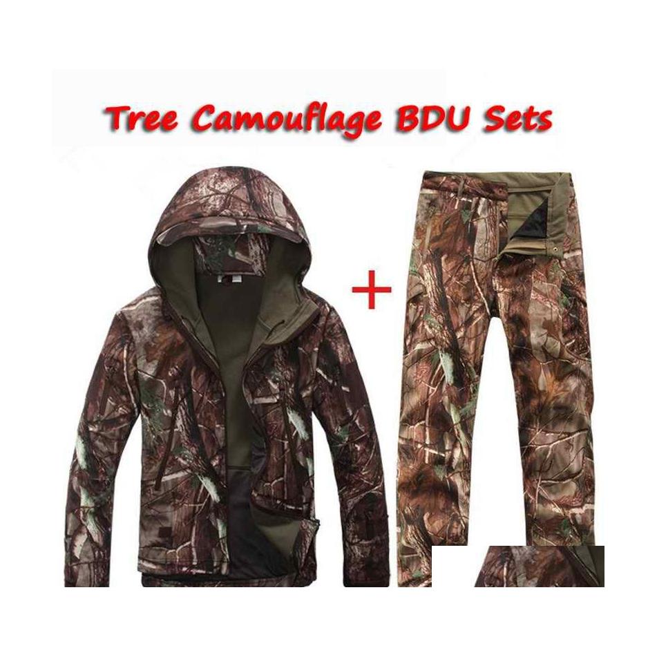 

Hunting Sets Tactical Military Bdu Tree Camouflage Softshell Tad V4.0 Men Outdoor Polyester Coats Jacket Hoody Windproof Jacketadd D Dhfnv
