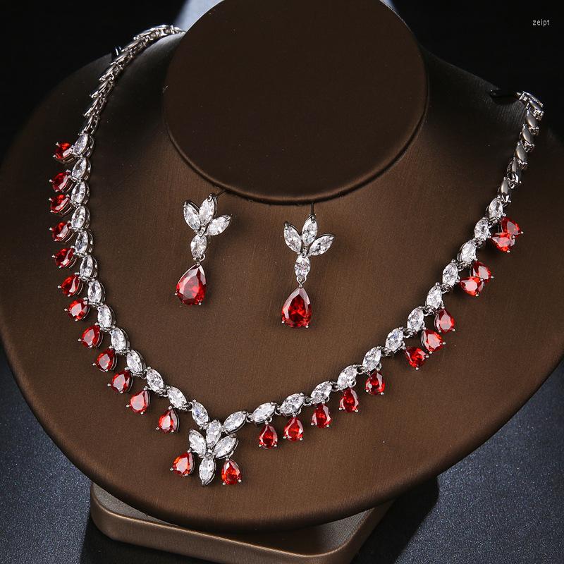 

Necklace Earrings Set CANPEL Luxury Dark Red Women Wedding Party Dress Jewellery Big Dangle Drop Bridal CZ Gift, Picture shown