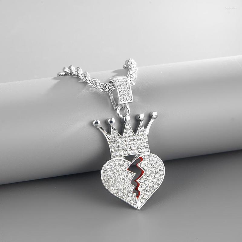 

Chains Hip Hop Red Oil Heart Necklace & Pendants Bling Gold Color Silver Broken Crown Choker For Men Rapper Jewelry