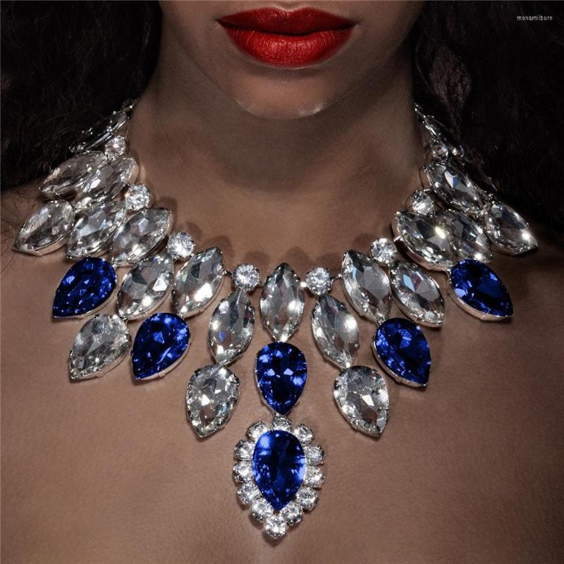 

Choker Exaggerated Crystal Blue Large Tear Drop Pendant Necklace For Women Rhinestone Multilayer Geometric NecklaceJewelry