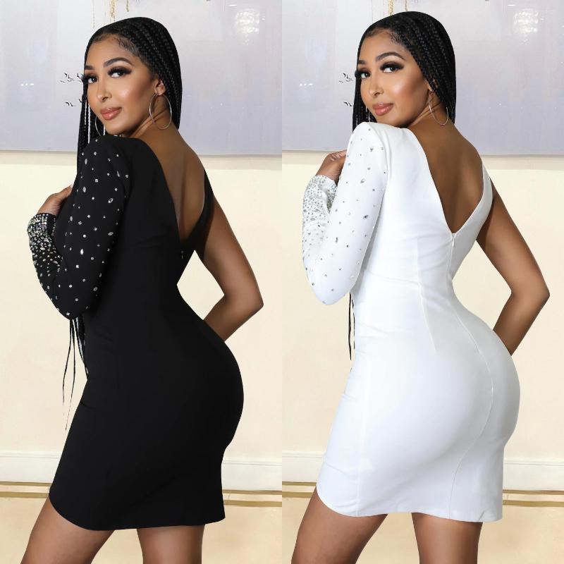 

Ethnic Clothing Women Dress Sexy Spring/summer Fashion Tight Drilling One Shoulder Asymmetric Long Sleeve Hollow Mini Short High Waist Pack