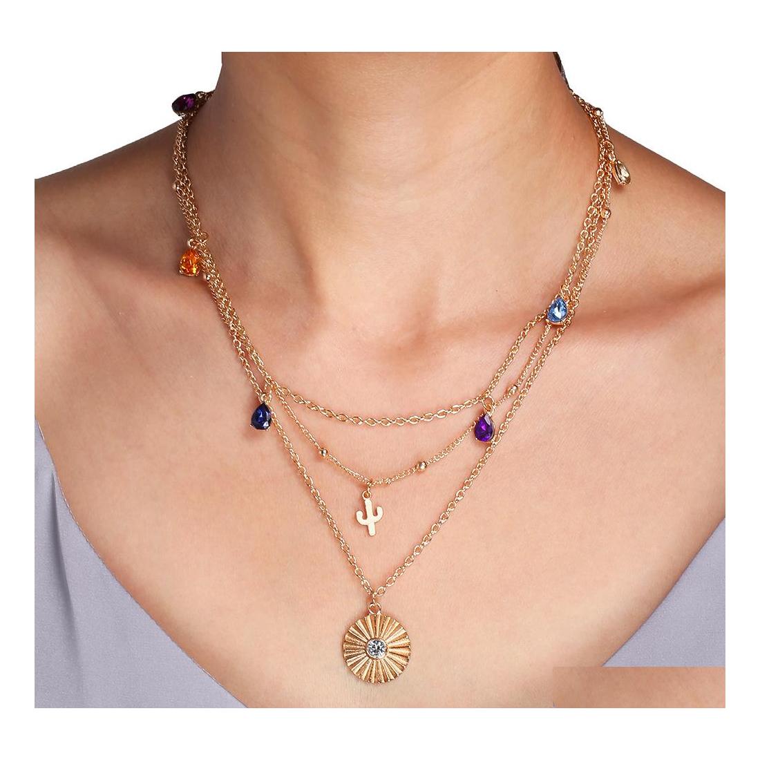 

Pendant Necklaces Fashion Jewelry Mti Layer Necklace Geometric Cactus Colorf Gemstone Rhinstone Drop Delivery Pendants Dhpga