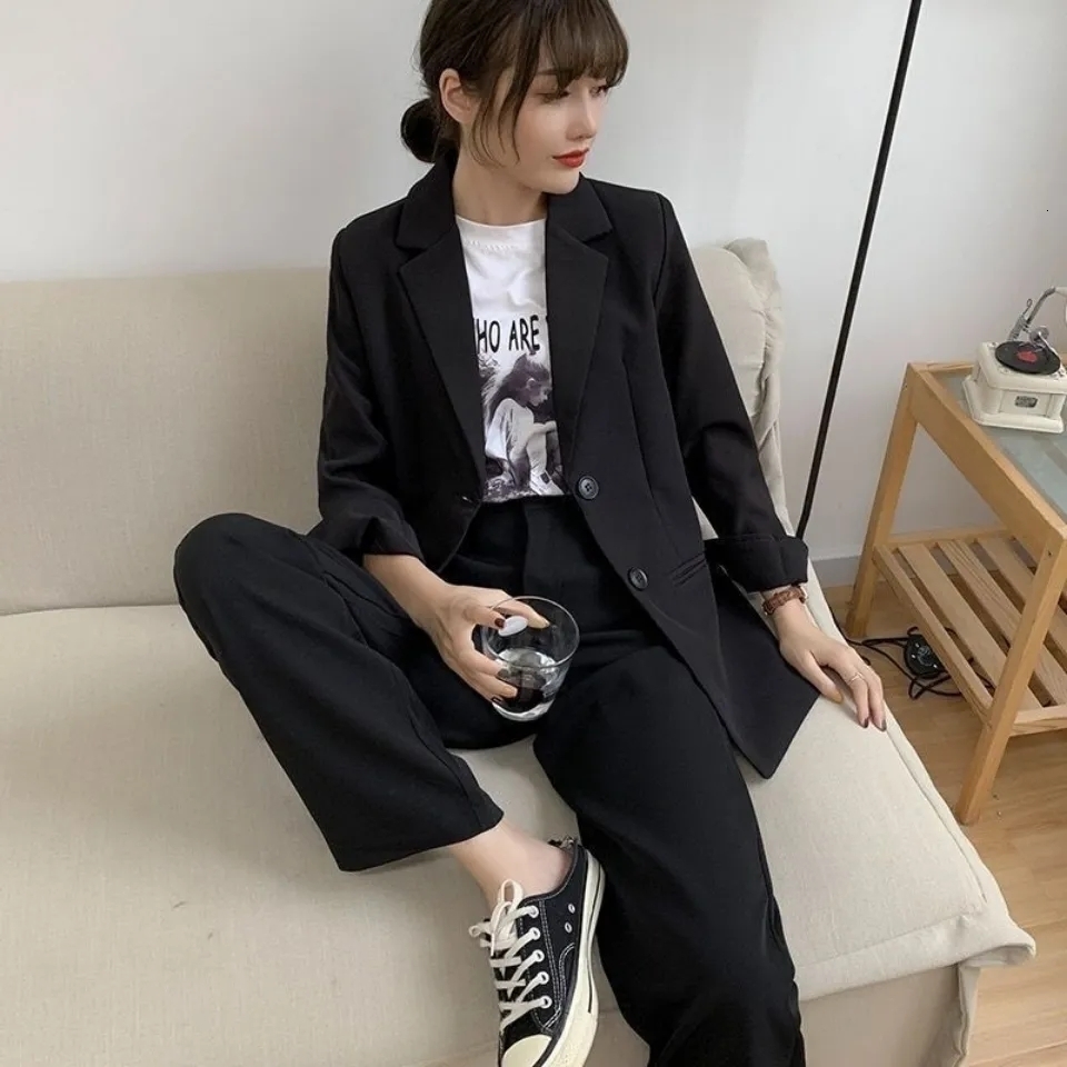 

Womens Two Piece Pants Spring Autumn Black Blazers Suits Sets Coat And Ladies Professional 230202