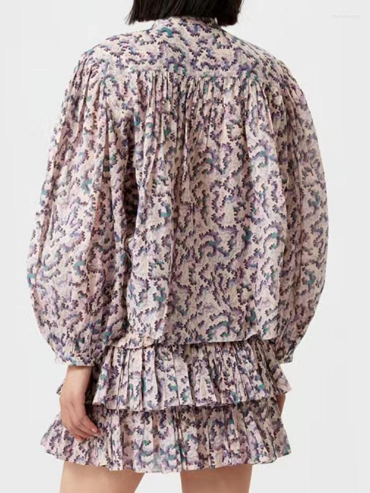 

Women' Blouses 2023 Spring Autumn Round Neck Floral Print Puff Long Sleeves Elastic Waist Ruffle Hem Women Mini Skirt