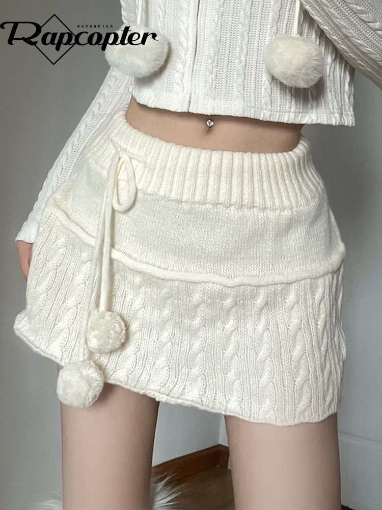 

Skirts Rapcopter y2k Knitted Mini Lace Up Fur Cute Sweet Pencil Twist Skinny Low Waisted Short Women Autumn Chic 230202, Skin