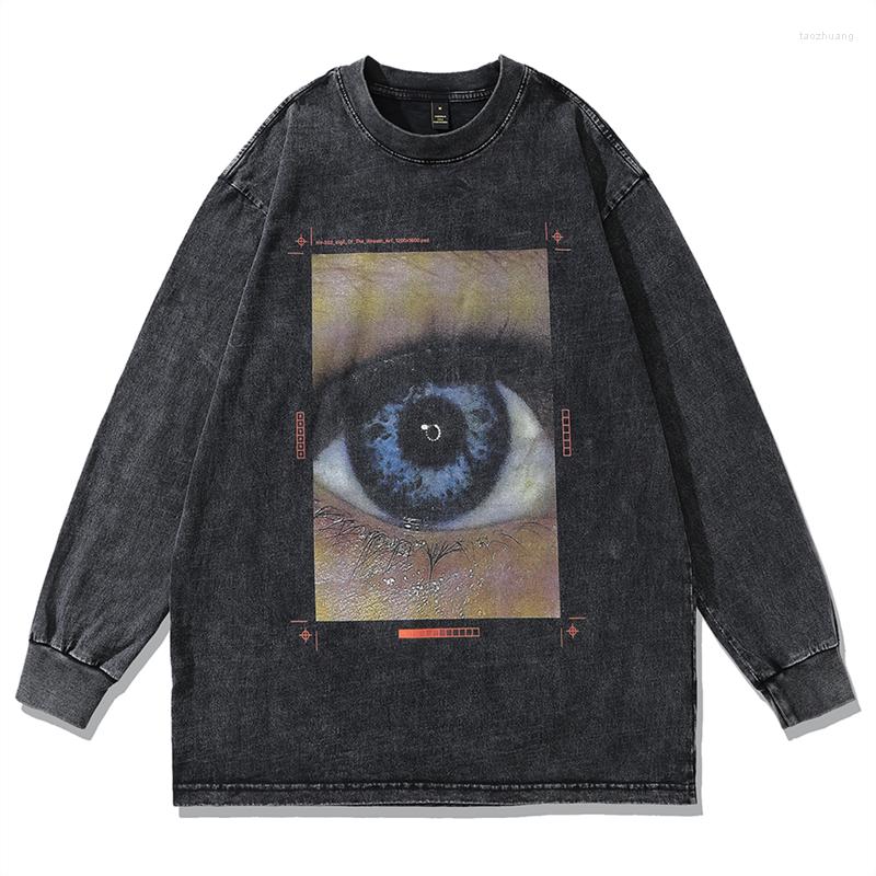 

Men's T Shirts Men Streetwear Gothic Shirt Blue Eye Graphic Printed Loose Long Sleeve Tops 2023 Vintage Washed Cotton Black T-shrts Unisex