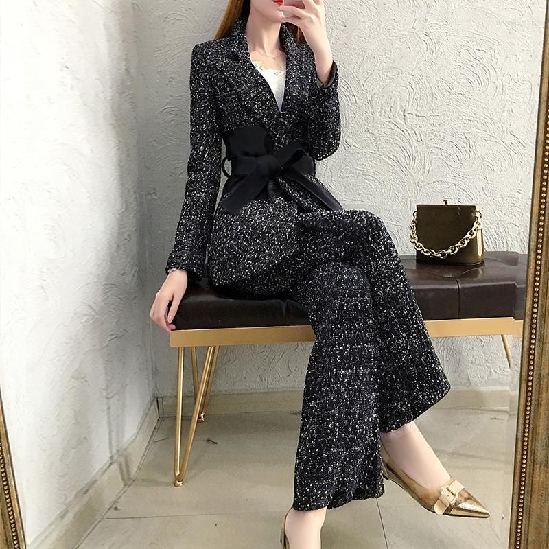 

Women' Two Piece Pants 2023 Autumn Winter Fashion Woolen Suit Coat Two-piece Korean Women' Casual Warm Blazer Jacket Wide Leg Trousers, Gray
