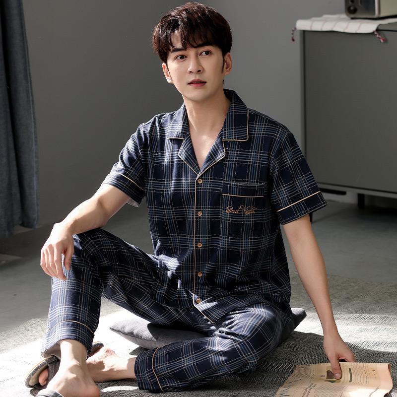 

Men's Sleepwear Summer Full Pure Cotton Pyjamas Plaid Pajamas Set Casual Male Pyjama Short Sleeve Night Pijamas 3XL Homewear, Fb-l9012