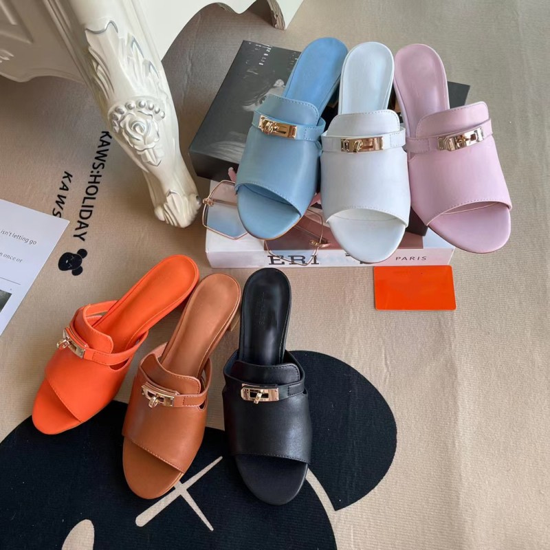 

New fashion sandals designer top high heels outdoor leather slippers one-word candy color metal buckle retro anti-slip indoor rubber 36-40