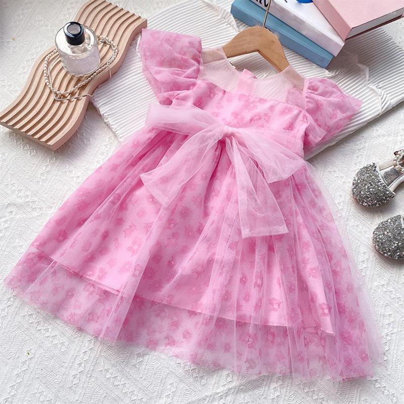 

Girl Dresses Pink Lace Girls Princess Summer Kids Sweet Pearl Bow Flower Short Sleeve Mesh Dress Baby Costume Fashion Party, Az3444pink
